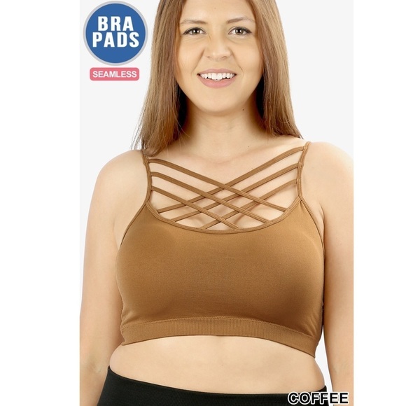 Plus Size Tan Strappy Triple Criss Cross Padded Bralette Seamless Wireless - Picture 1 of 5